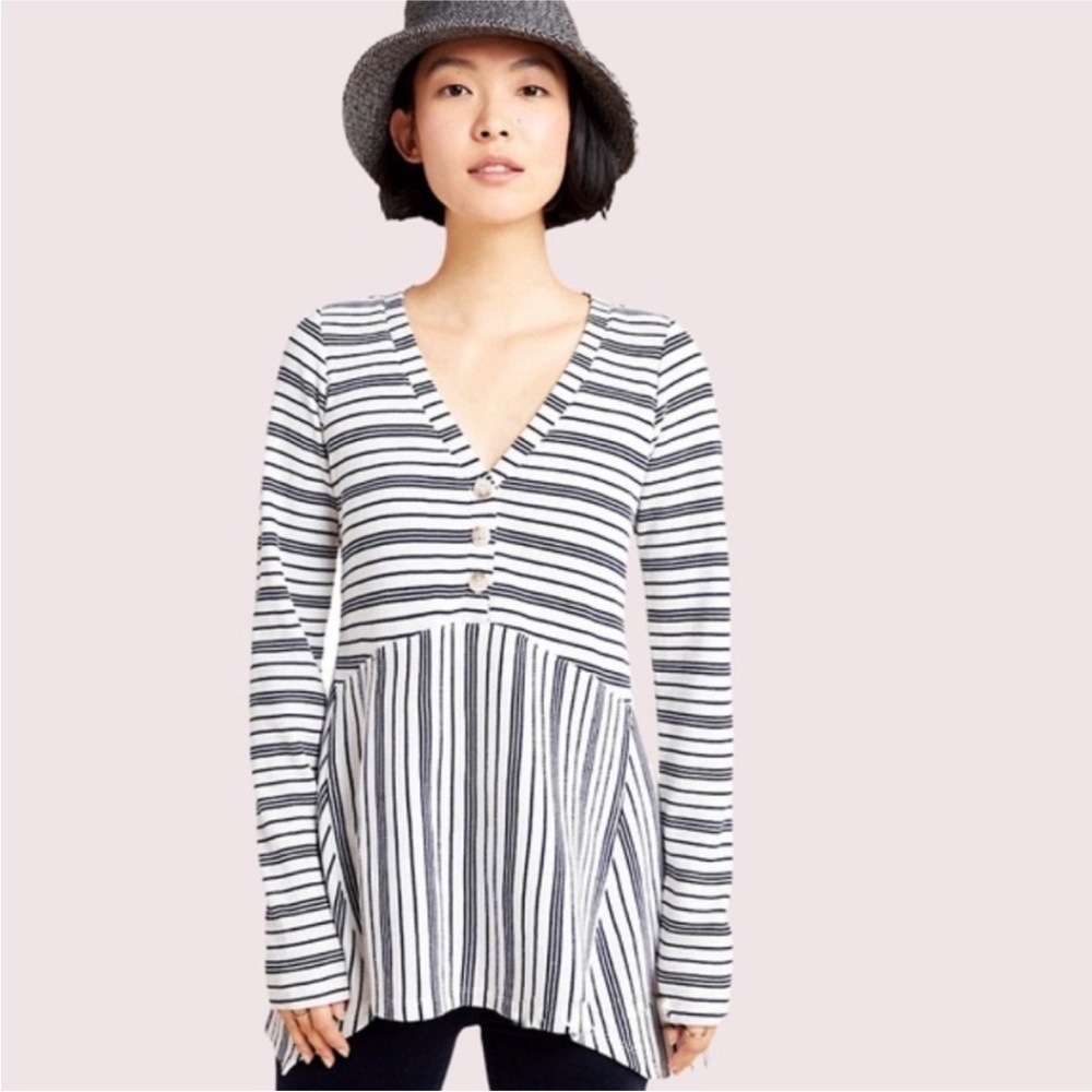 Maeve Eliza Babydoll Henley Tunic Navy and White Striped Long Sleeve Top